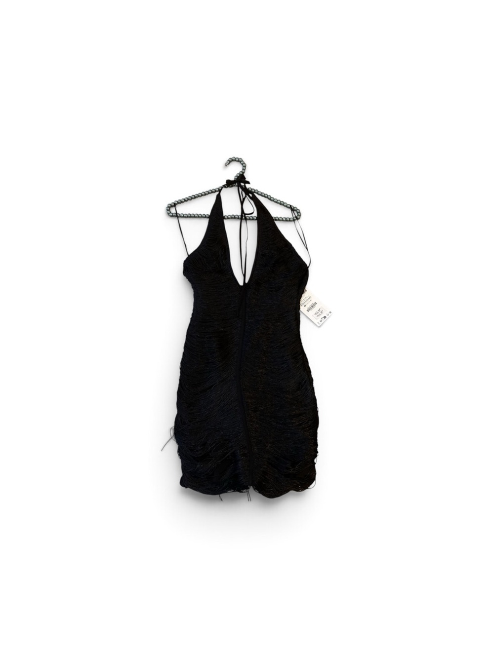 Black Fringe Halter Mini Dress with Deep V Neck